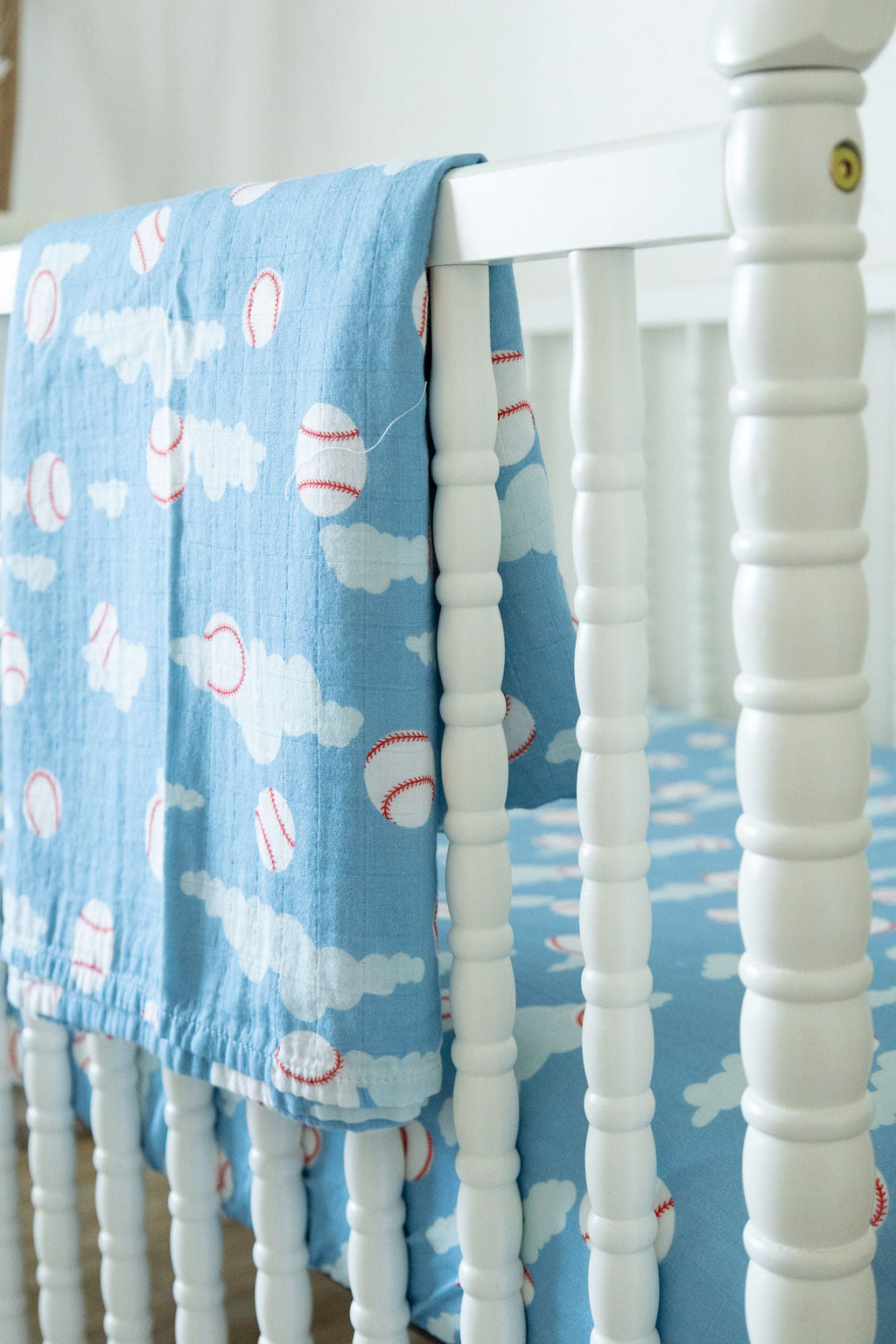 Organic Bamboo Cotton Muslin Swaddle Blanket in Baseballs in the Sky