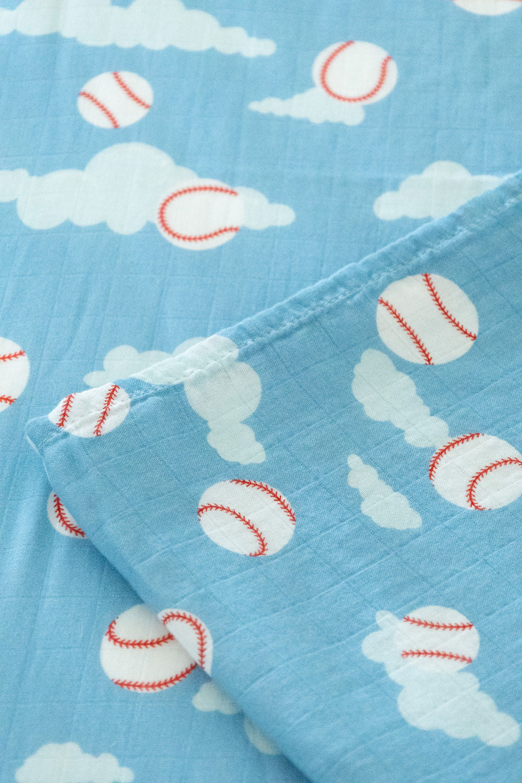 Organic Bamboo Cotton Muslin Swaddle Blanket in Baseballs in the Sky