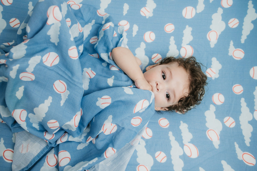 Organic Bamboo Cotton Muslin Swaddle Blanket in Baseballs in the Sky